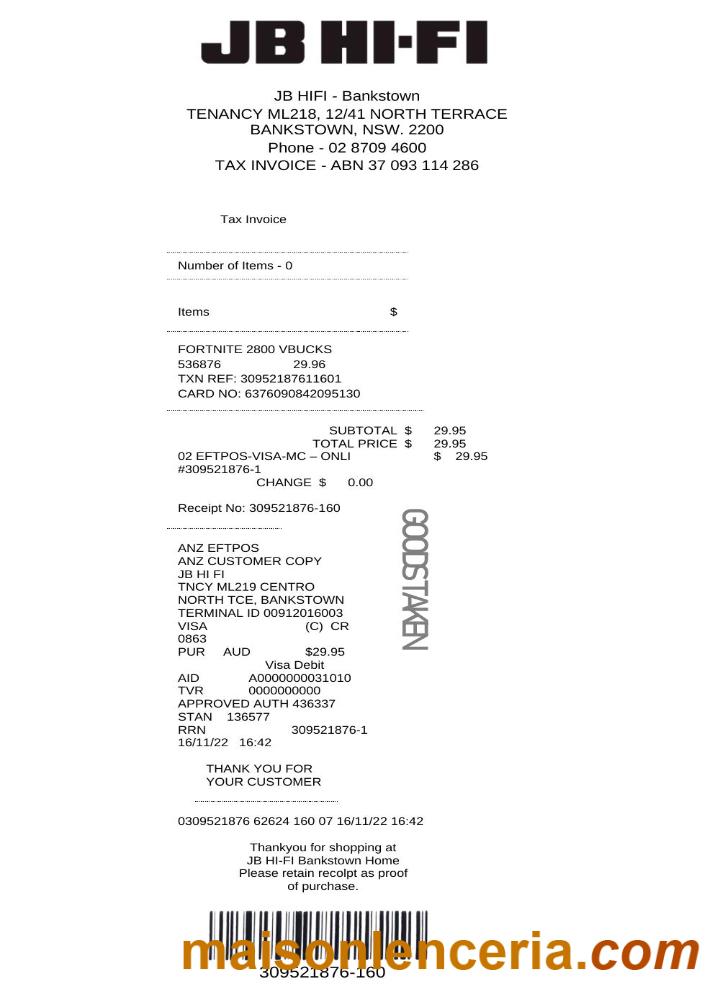 Australia JB Hi-Fi faktura podatkowa słowo i szablon PDF